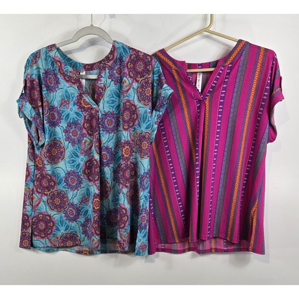 Dear Scarlet Womens Size Large Lot of 2 Short Sleeve Blouses Blue Pink